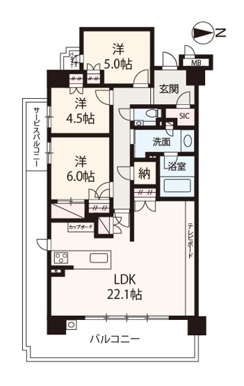 【間取り】 | レーベン千里青山台GRAN HIGH | L字型のワイドバルコニーが備わった3LDK。心地よい風が吹き抜けます！開放的な空間でゆったりとお寛ぎいただけます。