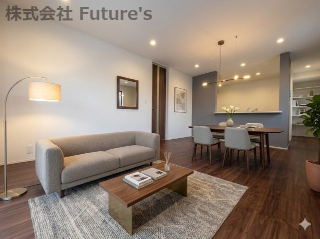 三郷市鷹野4丁目　新築戸建　全6棟　1号棟の居間・リビング|現況の物件写真にCGによる画像処理を行っています。家具、家電、小物、カーテン等はイメージはCGです。