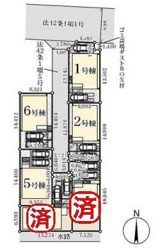 三郷市鷹野4丁目　新築戸建　全6棟　1号棟の区画図|全棟カースペース2台分付き