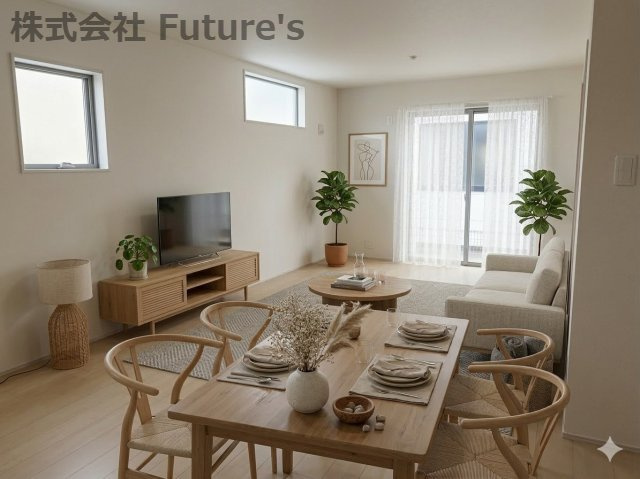 三郷市鷹野4丁目　新築戸建　全6棟　5号棟の居間・リビング|現況の物件写真にCGによる画像処理を行っています。家具、家電、小物、カーテン等はイメージはCGです。