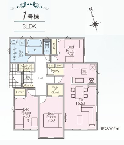 柏市花野井新築戸建【花野井小学校：6分】の間取り|南向き・3LDK