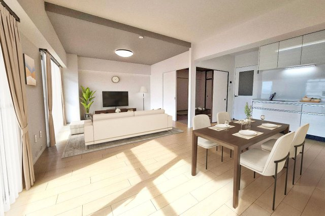 ローレルハイツ東天美の居間・リビング|LDK： バーチャルステージング（実際には家具はついていません）