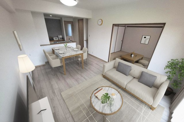 アンビエント金剛東ガーデンコートの居間・リビング|LDK バーチャルステージング（実際には家具はついていません）