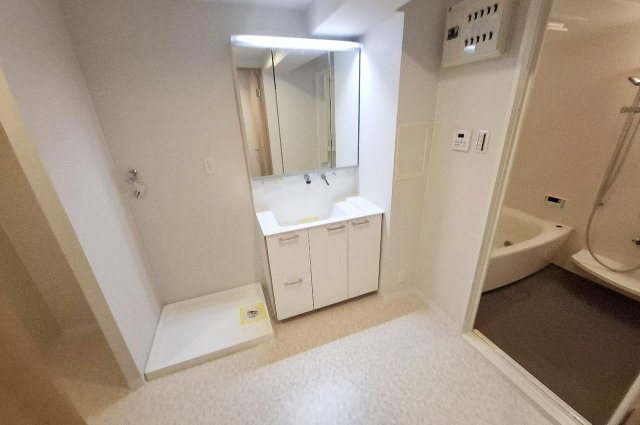 ベルク浜寺公園の独立洗面台|ゆったりスペースの洗面所。壁や床、入口建具も新調し、きれいになりました。