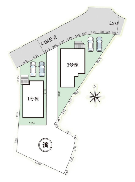 グラファーレ南城市知念安座真３期・１号棟の区画図|区画図／接道：北側4.3～5.2ｍ
