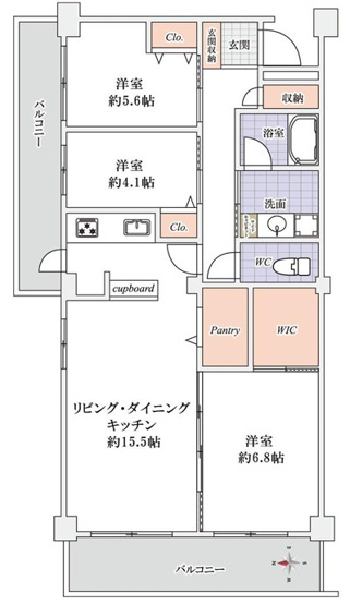 【間取り】 | サンシティJ棟 | 北・西側にバルコニーがありますので、陽当たり・通風良好です！