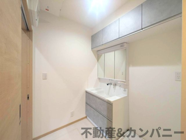 北井門5丁目の新築住宅　松山市北井門5丁目新築戸建の独立洗面台|背面収納付き独立型洗面台です