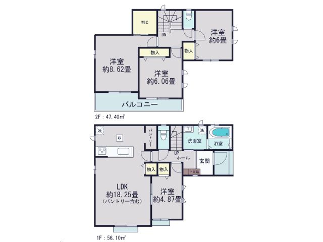 小中学校徒歩10分以内/D号棟/イオン7分/2階建/LDK18.25畳/WIC/パントリー/カースペース2台の間取り