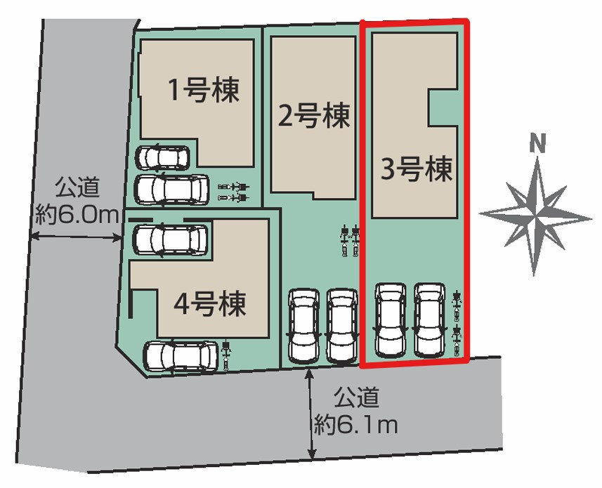 ブルーミングガーデン住吉町　3号棟の前面道路含む現地写真|車は並列で2台駐車が可能になります◎