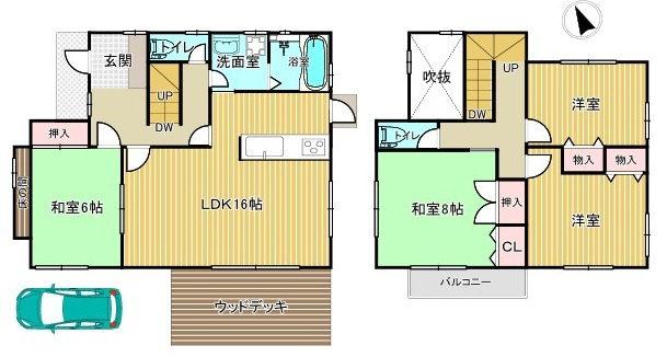 【間取り】 | 佐伯区河内南１丁目　リフォーム済み４ＬＤＫ＋ウッドデッキテラス戸建て | リフォーム済み４ＬＤＫ戸建て　外壁塗装、水回り、クロス床を新調済み　ウッドデッキテラスつき、車２台が駐車可能、南北で接道した便利な立地　１９０．２８平米（５７．５５坪）ひろびろ敷地