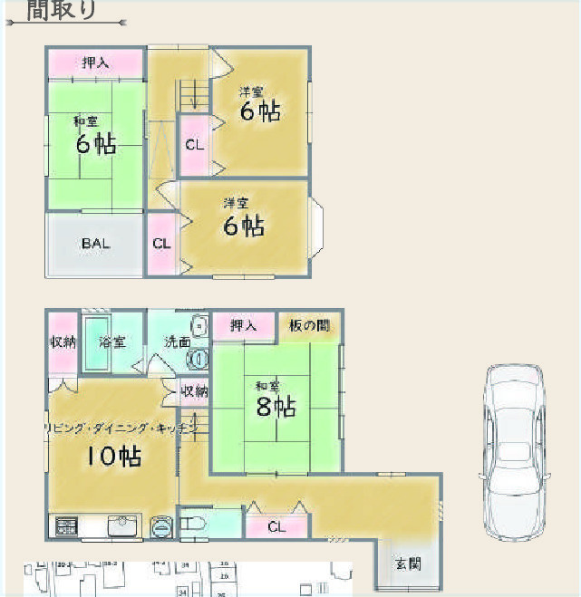 JR嵯峨嵐山駅徒歩8分／4LDK／駐車1台可の間取り|4LDKの使いやすい間取り。1階LDK＋和室、2階3部屋のファミリー向け住宅です。