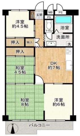 今福西コーポの間取り|中古マンション　4DK　専有面積：66.0㎡（壁芯）　バルコニー面積：7.20㎡　南向き