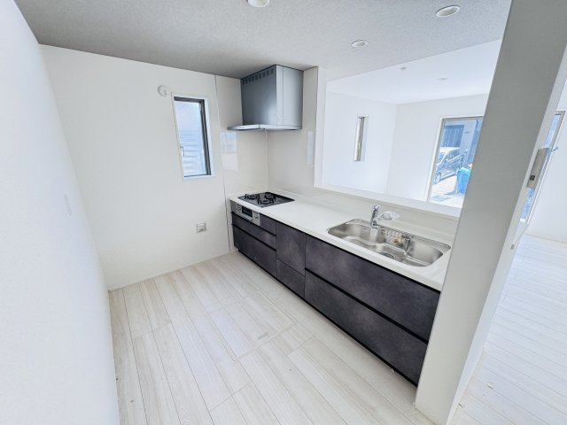 市川市宮久保２丁目新築戸建【百合台小学校:徒歩８分】のキッチン|広々システムキッチン・お手入れしやすいレンジフード