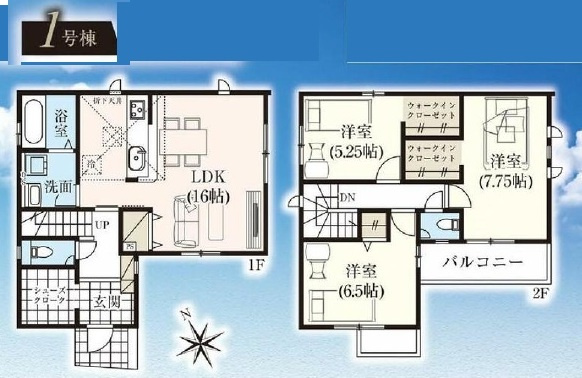 市川市宮久保２丁目新築戸建【百合台小学校:徒歩８分】の間取り|1号棟：3LDK