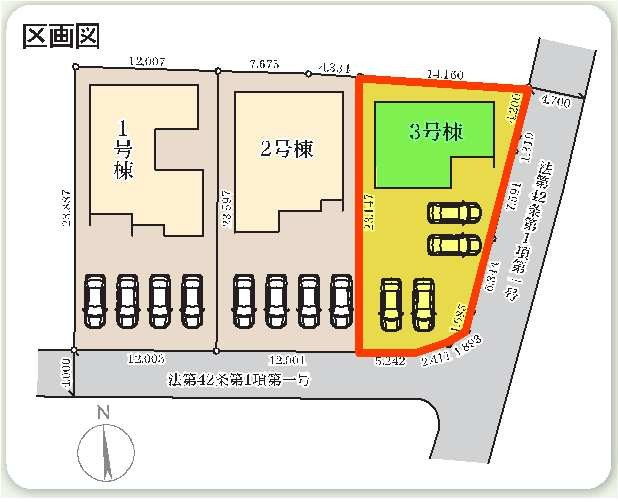 新築　甘楽郡甘楽町小川　Livele Garden.S　3号棟の区画図|3号棟　区画図　南側接道幅員約4ｍ　東側接道幅員約4.7ｍ
