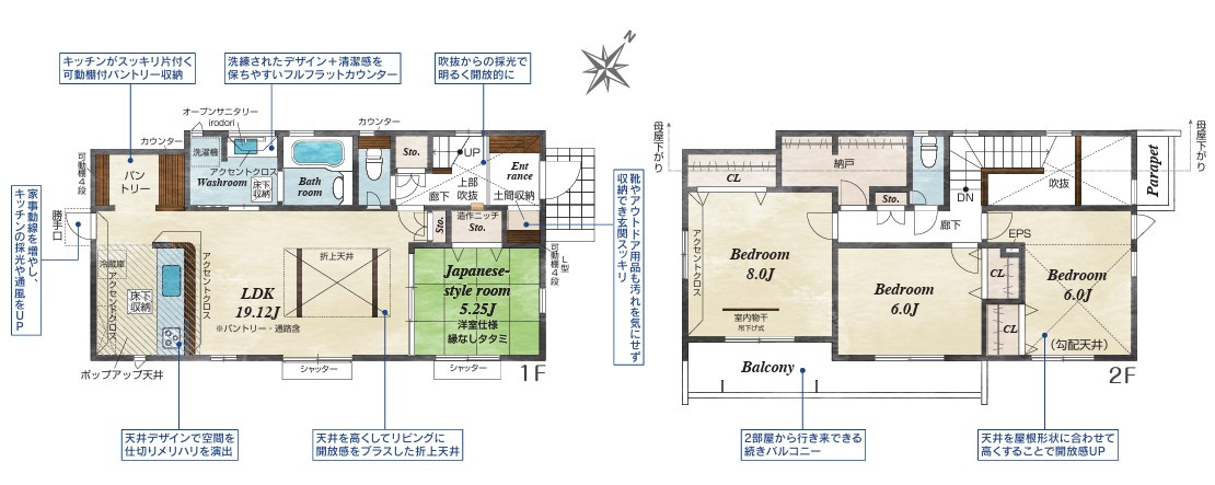 八王子市　北野台　新築一戸建ての間取り|～全室南東向き4SLDK　パントリーや納戸など収納豊富、ゆとりのある邸宅です～