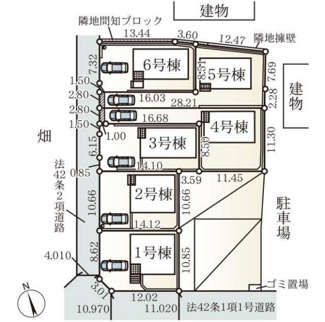 【区画図】 | 綾瀬市早川  1号棟 第6 | 1号棟　角地　北西側約4m（セットバック済）・南西側約10.9ｍ各公道　駐車並列2台（車種によります）　敷地面積45.5坪
