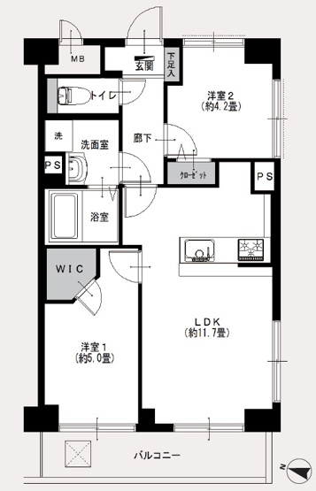 【間取り】 | コスモスクエア大通公園 | 専有面積49.50㎡、2LDK+WIC