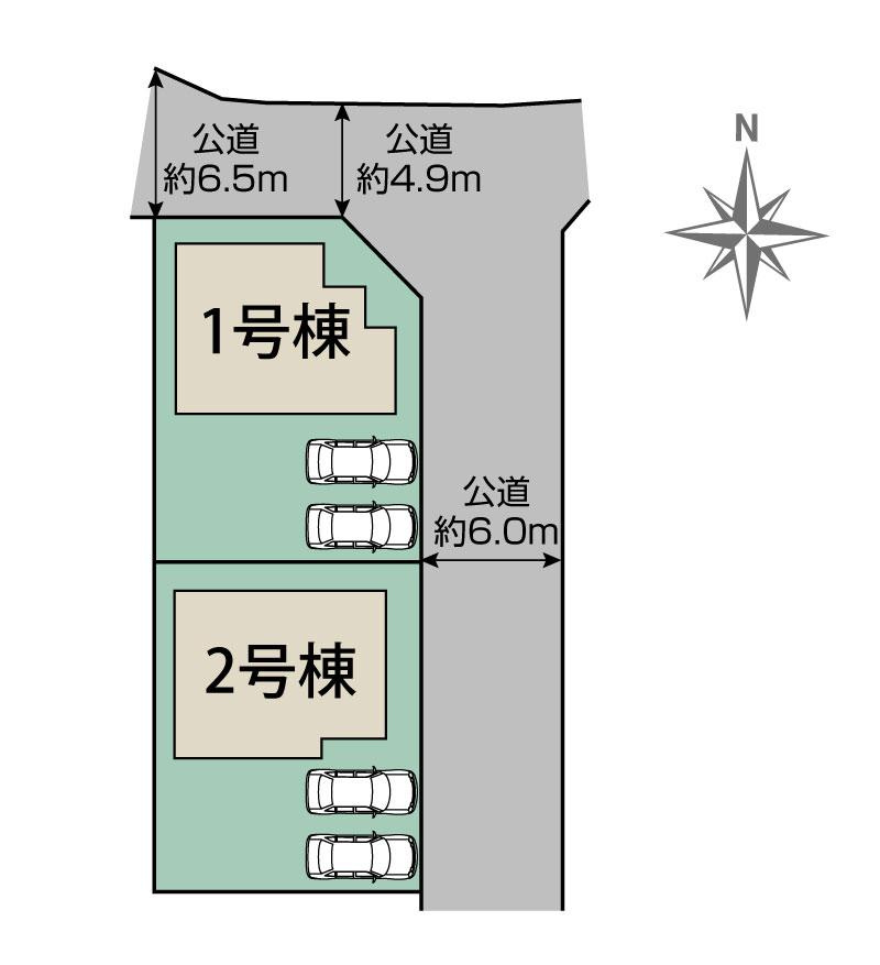 新築　前橋市後家町全2棟　Blooming　Garden　１号棟の区画図|1号棟　区画図　北側接道幅員約4.9ｍ　東側接道幅員約6ｍ
