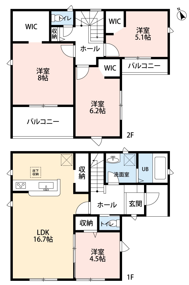 小牧市藤島町中島　新築戸建　1号棟の間取り|南面に面したLDK16.7帖＋洋室4.5帖でゆとりの空間です。
２階全居室に充実のウォークインクローゼット！