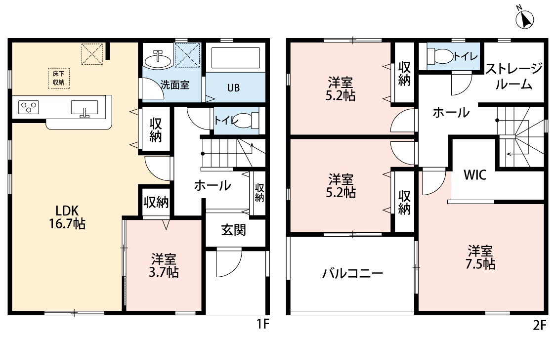 小牧市藤島町中島　新築戸建　2号棟の間取り|２階ホールにストレージルームあり。季節ものなどの収納に便利ですね。
南面に面したLDK16.7帖＋洋室3.7帖のゆとりの空間です。