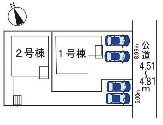 小牧市藤島町中島　新築戸建　2号棟の区画図|駐車場並列２台可。
南面にお庭あり。