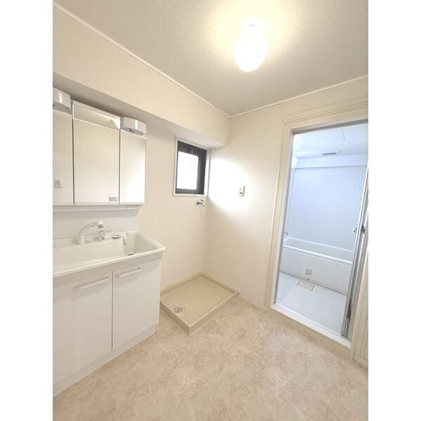 スカイメゾンの独立洗面台|朝の支度にも助かる、独立の洗髪洗面化粧台