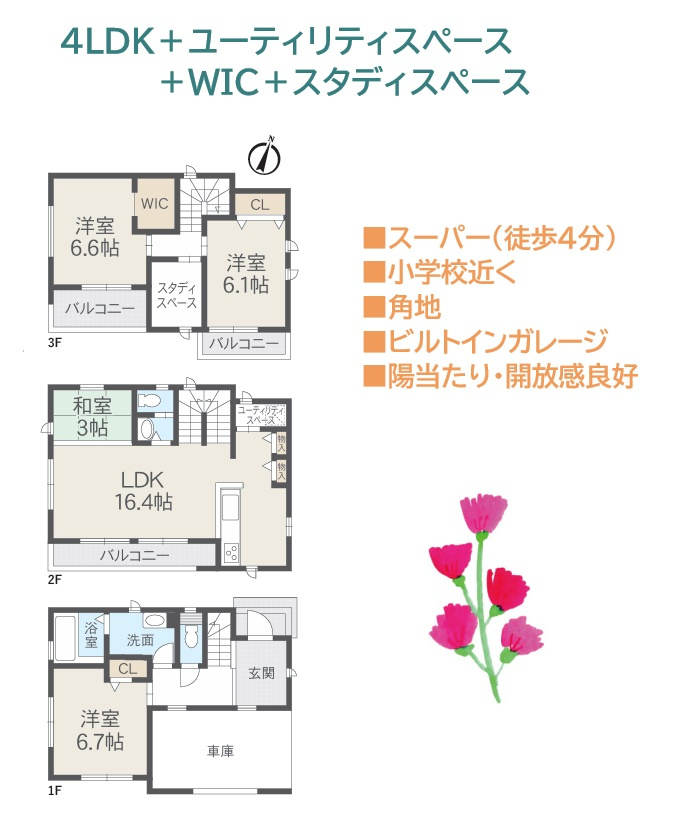 【現地画像あり】綾瀬市寺尾西2丁目　築後未入居　全1棟の間取り|雨の日でも濡れずに車の乗り降りができるビルトインガレージ完備！　　
4LDK！用途豊富なスタディスペース＆ユーティリティスペース付♪
