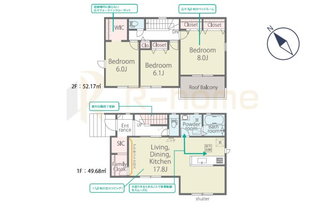 龍ケ崎市姫宮町第1期　新築子戸建て　1号棟の間取り|3LDK＋WIC＋SIC＋ファミリークローク、土地面積151.95m2、建物面積101.85m2
