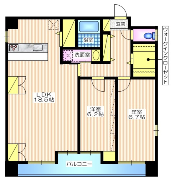 元町田澤リベラビルの間取り|収納豊富な２LDK　ウォークインクローゼット付