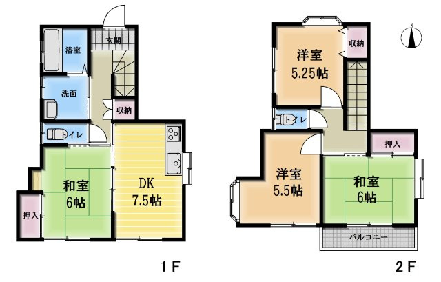 【間取り】 | ◇◆伊勢原市上粕屋 中古戸建◆◇ | 【4DK】1F：DK7.5帖、和室6帖　2F：和室6帖、洋室5.5帖・5.25帖