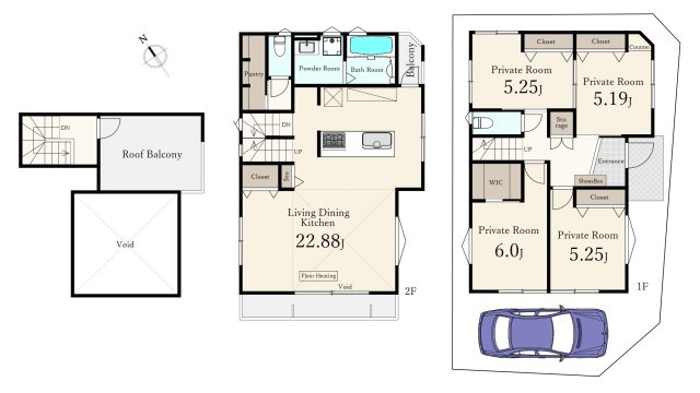 和光市下新倉4丁目 限定1棟の間取り|建物面積112.19㎡　4LDK 、WIC、パントリー、ルーフバルコニー、カースペース付