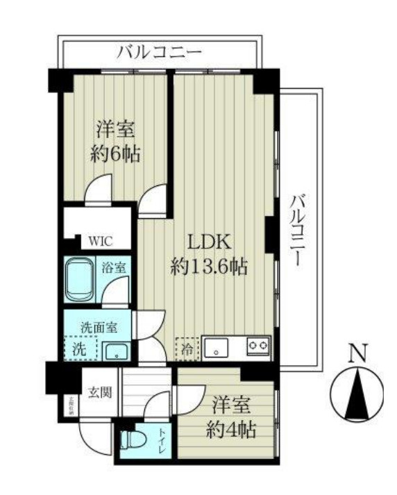 セザール大宮中央公園の間取り|【セザール大宮中央公園】・2LDK・専有面積52.10m2・バルコニー面積13.57m2