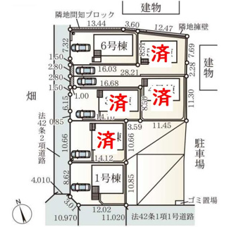 【区画図】 | 綾瀬市早川  6号棟 第6 | 6号棟　北西側約4.0m（セットバック済）公道　駐車並列2台（車種によります）　敷地面積45.5坪　※協定地有
