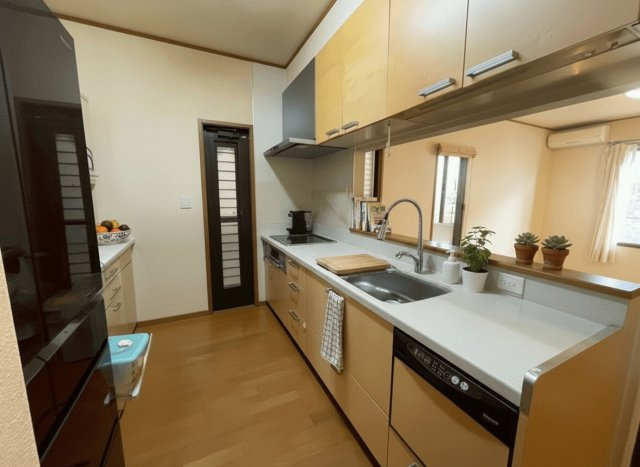 安城市里町１丁目　中古戸建のキッチン|対面式IHキッチンで会話が弾む設計
※本画像はAIによる家具配置です。実際の仕様とは異なる場合があり