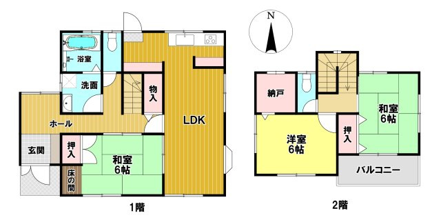 又野3丁目　中古戸建の間取り|生活動線に配慮した間取りは日々の暮らしにゆとりを生み出します。1階にリビングと和室、2階にプライベートな個室を置くことで、来客時も家族が気兼ねなく過ごせる構成になっています。