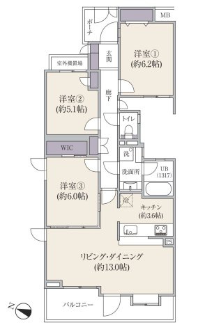 【間取り】 | コスモ玉川学園前 | 3LDKは、リビングダイニングキッチンと3つの居室がある間取り。ファミリー層に非常に人気の高い間取りで、広々としたリビングで家族団らんを楽しみ、個室でプライベートな時間も確保できるのが大きな魅力です。