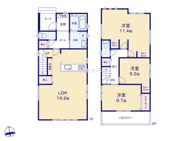 大府市横根町石丸100番１・６・７『仲介手数料無料』新築一戸建て・建売の間取り|　1号棟　1F:LDK19.2帖！リビングイン階段♪ダイニング物入♪キッチン可動棚♪ホール物入♪2F:洋室6.7帖・洋室5.2帖・(洋室5.7帖・洋室5.7帖)　CL設置♪廊下物入♪南面バルコニー♪