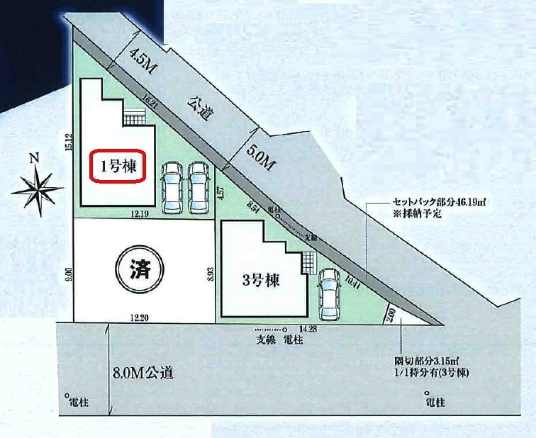 清瀬市竹丘2丁目・全3棟　新築一戸建　1号棟の区画図|【全3棟・1号棟】カースペース並列2台・土地面積120.08平米（36.32坪）