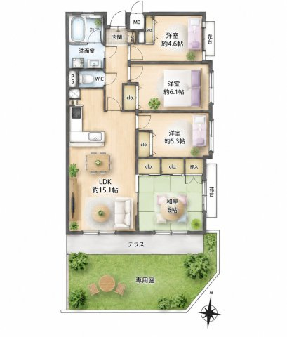 【間取り】 | 藤崎ロジュマン☆仲介手数料無料☆ | ※本図に表示されている家具・家電・照明・インテリア・観葉植物等は、AIによる配置イメージです。実際には設置されておらず、売買対象にも含まれません。図面と現況が相違する場合は、現況を優先いたします。