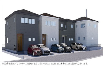 蓮田市西新宿　全4棟　2号棟の外観パース|モダンなモノトーン調の全4棟が誕生。2号棟（左から2番目）は、並列3台駐車可能なゆとりある敷地が魅力です。統一感のある美しい街並みが、住まう方のステータスと新しい暮らしへの期待感を高めます。