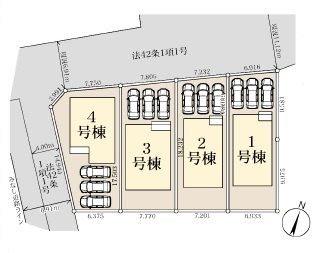 蓮田市西新宿　全4棟　2号棟の区画図|並列3台分のカースペースを確保した、ゆとりある配棟計画。前面道路との関係も良好で、スムーズな出し入れが可能です。南東側からの採光も確保しやすく、日々の暮らしに豊かな陽光を届けます。