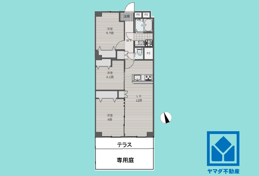 日興甲東園スカイマンションの間取り|3LDK、専有面積67.20平米、7階建て1階部分。南向きの専用庭16.8平米付き（使用料月額500円）。2026年8月フルリノベーション済の大変綺麗なお部屋で、即ご入居いただけます。
