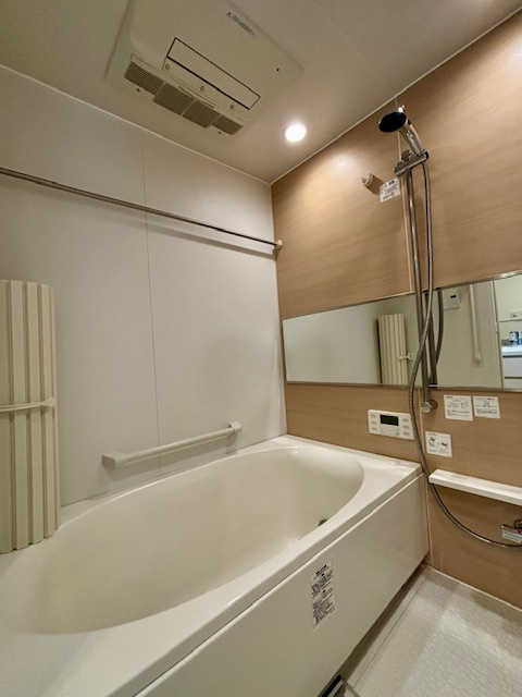 アルファステイツ国領の浴室|浴室乾燥機付きです。
おしゃれなワイドミラー付き。モデルルームのような空間を。