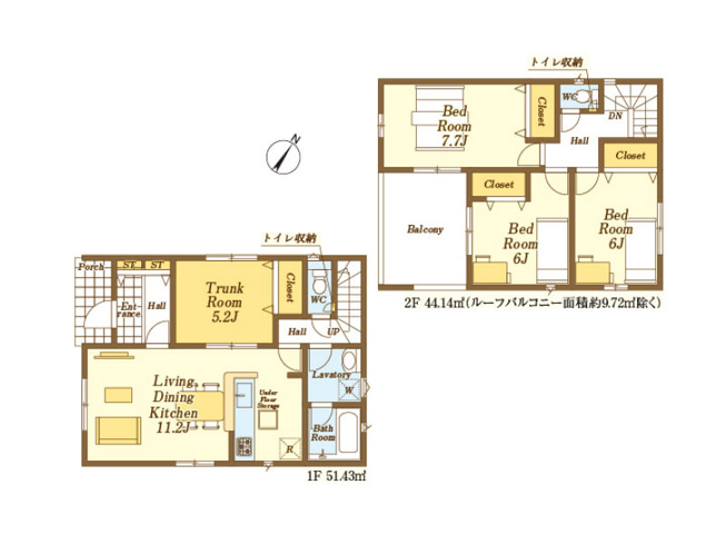 【間取り】 | 川越市諏訪町　新築一戸建住宅　全8棟　(ふじみ野店) | 1号棟/水回りがまとまり家事効率の良いプラン。帰宅後にリビングを通る設計の為、ご家族の仲も自然と深まりそうです。※図面を基に作成しています。現況と異なる場合は現況を優先いたします。
