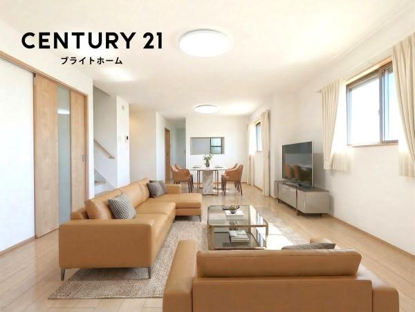 横浜市中区本牧元町の中古一戸建の居間・リビング|自慢したくなるリビング！
形も良く家具の配置にも困りません。
※家具等はＣＧでの参考レイアウトです。