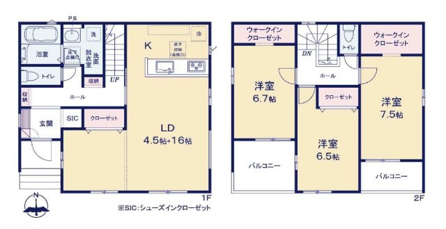 新築　藤岡市岡之郷1期　１号棟の間取り|建物面積107.55㎡　広々20.5帖のLDK・全居室南向き♪シューズインクローク・ウォークインクローゼット・各部屋収納付き！日当たりの良いバルコニーはお洗濯物もよく乾きそうです◎
						
