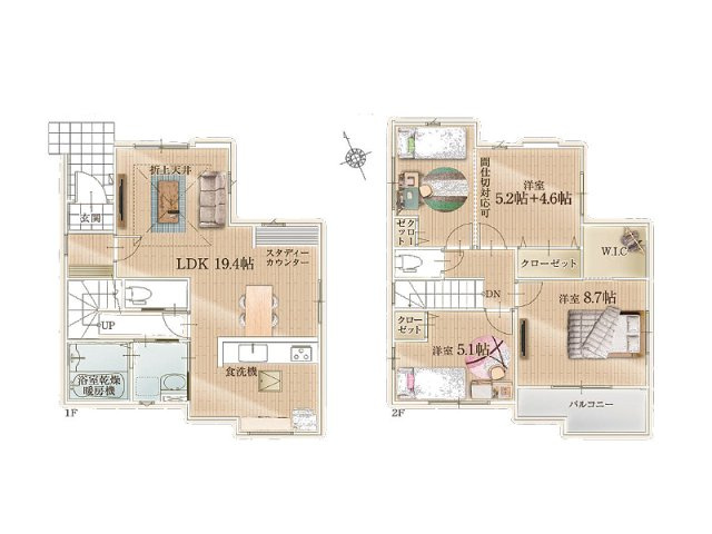 【間取り】 | 志木市柏町1丁目　新築一戸建住宅　全1棟　(志木本店) | 部屋全体に開放感が生まれる折り上げ天井。読書やパソコン作業など手軽にできるカウンタースペース付きです。