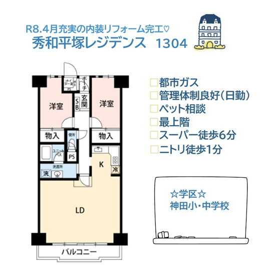 【間取り】 | 「富士山」湘南の「海」が遠望できる地上13階建て南向き・最上階！　
気になる水廻り一新！気持ち良い新生活がお迎えできる新規リノベマンション（Ｒ８8.4月）です♪