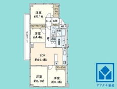 愛宕山ビューハイツの間取り|4LDK、専有面積92.25平米、バルコニー面積17.46平米、6階建て最上階部分。